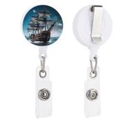 Pirate Ship Retractable Badge Reel - Personalized ID Name Badge Holder with Lanyard Cute Badges Reel Holder Round Nurse Doctor Name Tag Badges Clip for Work