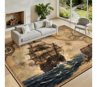Pirate Ship Rugs Living Room Rug 60x110cm Nautical World Map Rug | Ocean Sailing Ship Carpet with Compass Decorative Non-Slip Floor Mat for Living Room Bedroom
