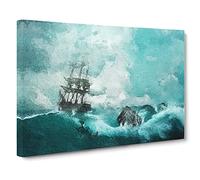 Pirate Ship Sailing Upon A Stormy Sea Canvas Print | Gallery Wrapped 30mm Frame Wall Art | 30x20 inches | Ready to Hang | Coastal Seascape Picture | Living Room Bedroom Lounge Office