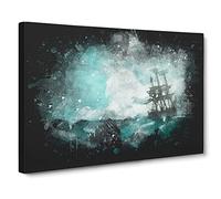 Pirate Ship Sailing Upon A Stormy Sea Paint Splash Canvas Print | Gallery Wrapped 30mm Frame Wall Art | 30x20 inches | Ready to Hang | Coastal Seascape Picture | Living Room Bedroom Lounge Office