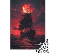 Pirate Ship Sunset Art Print 1000-Piece Puzzle for Adults, 38x26cm/1000pcs; White Cardboard for Simple Sorting; Shared Family Time Around The Table