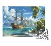 Pirate Ship Tropical Island 1000 Pieces Jigsaw Puzzle for Adults & Children, Eco-Friendly Cardboard, Tropical Pirate Ship, Brain Teaser Entertainment, Improves Hand-Eye Coordination 38x26cm/1000pcs