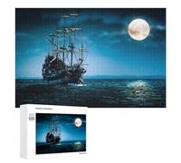 Pirate Ship Under Full Moon Illustrated Jigsaw Puzzle for Adults, 1000 PCS