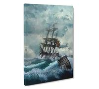 Pirate Ship Upon a Stormy Sea Canvas Print | Gallery Wrapped 30mm Frame Wall Art | 30x20 inches | Ready to Hang | Abstract Seascape Picture | Living Room Bedroom Lounge Office