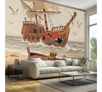 Pirate Ship Wallpaper & Wall Mural, 300x210 cm - Ocean Boat Seagull Nautical Treasure Chest Home Wall Decor for Bedroom, Living Room - S&J333
