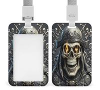 Pirate Skull Badge Holder Waterproof Plastic ID Card Badge Holders with Lanyard Vertical Card Case Protector Pouch Clear Window Work Badges for Women Men
