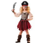 Pirate Skull & Crossbones Girl Costume 6 Pieces Deckhand Pirate Fancy Dress Costume with Accessories Girls Fancy Dress Halloween Dress Up Costumes (Black, 8-12 Years)