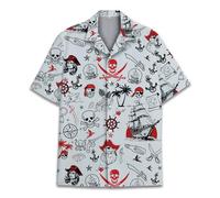 Pirate Skull Hawaiian Shirts for Men Women, Vintage Skull Pirate Treasure Map Shirt Button Down Short Sleeves, Pirate 2, L