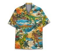 Pirate Skull Hawaiian Shirts for Men Women, Vintage Skull Pirate Treasure Map Shirt Button Down Short Sleeves, Dinosaur, Medium