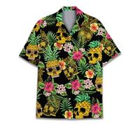 Pirate Skull Hawaiian Shirts for Men Women, Vintage Skull Pirate Treasure Map Shirt Button Down Short Sleeves, Pineapple Skull, XL