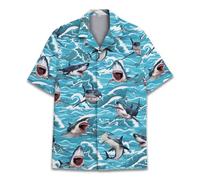 Pirate Skull Hawaiian Shirts for Men Women, Vintage Skull Pirate Treasure Map Shirt Button Down Short Sleeves, Shark, Medium