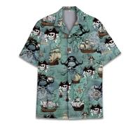 Pirate Skull Hawaiian Shirts for Men Women, Vintage Skull Pirate Treasure Map Shirt Button Down Short Sleeves, Pirate, XXXXXL