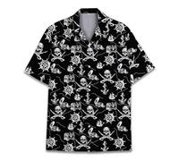Pirate Skull Hawaiian Shirts for Men Women, Vintage Skull Pirate Treasure Map Shirt Button Down Short Sleeves, Pirate 3, Medium