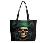 Pirate Skull Leather Tote Bag for Women Work Shoulder Purses with Zipper Waterproof Large Computer Shoulder Bag Fashion Ladies Shoulder Handbag Reusable Shopping Bags