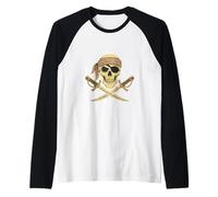 Pirate Skull with Crossed Swords Artwork Jolly Rogers Raglan Baseball Tee