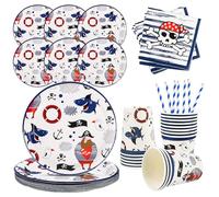 Pirate Tableware Set - 64 Pieces Paper Plates Birthday Party Decorations for Boys - Complete Set for 16 Guests
