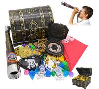 Pirate Treasure Chest Toy, Plastic Bronze Treasure Chest, Antique Color with 100 Colorful Gems 100 Plastic Gold Coins 4 Earrings 2 Rings 1 Compass for Boy Girl Halloween Pirate Themed Party Favors