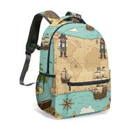 Pirate Treasure Island Kids School Backpack 16 Inch Cartoon Adventure Map Ship Print Rucksack for Boys Children (02)
