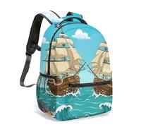 Pirate Treasure Island Kids School Backpack 16 Inch Cartoon Adventure Map Ship Print Rucksack for Boys Children (04)