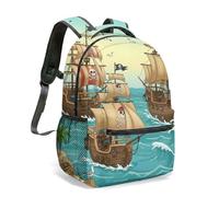 Pirate Treasure Island Kids School Backpack 16 Inch Cartoon Adventure Map Ship Print Rucksack for Boys Children (05)