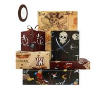 Pirate Wrapping Paper for Boys Girls Kids, Pirates Skull Treasure Pirate Ship Island Parrot Gift Wrap 6 Sheets, 50x70cm Per Sheet with 1 Roll Brown Ribbon For Pirate Themed Birthday Party Supplies