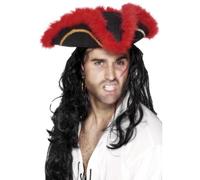 Smiffys Pirate Tricorn Hat, Red Feather, Black with Gold Braid and Marabou, Pirate Fancy Dress, Adult Dress Up Hats