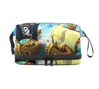 Pirates Attacking a Boat Double Layer Cosmetic Bag for Women and Girls, Travel Toiletry Bag Makeup Handy Pouch Organiser Bag with Brush Compartment
