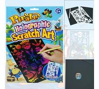 Pirates Holographic Scratch Art Set for Kids 5+, 4Pcs Craft Kits with Stencil, Wood Pencil, Stocking Stuffers Birthday Gifts for Girls & Boys