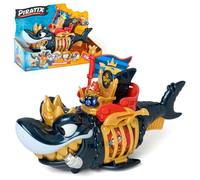 PIRATIX King Shark Golden Teeth - Articulated shark, with a cage to capture rival Piratix. Includes 1 shark, 1 exclusive treasure, 1 exclusive Piratix and 1 accessory, Navy