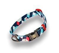 Pirbright Pet Company Geometric Pattern Thick Strong Dog Collar Pet Collar Blue Pink Orange Buckle Clip Engraved Logo (Small Blue/White)