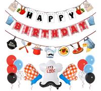 Pirese Chef Birthday Decorations, Cooking Themed Happy Birthday Banner with Balloons, Chef Hat & Mittens Foil Balloons, Kitchen Party Decor for Food Lovers, Pre-Strung, Cute Cookout Party Supplies