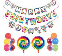 Pirese Tie Dye Birthday Party Decorations - Colorful Happy Birthday Banner Kit with Tie Dye Balloons & Swirls - Hippie Party Supplies, 70s Theme Decor, Happy Birthday Banner for Kids & Girls