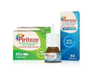 Piriteze Allergy Relief Antihistamine Tablets (60) & Pirinase Hayfever Once Daily Nasal Spray Bundle - Hayfever Tablets with Cetirizine - Hayfever Nasal Spray - Allergy Tablet & Sinus Relief