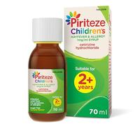 Piriteze Children’s Hayfever & Allergy Syrup. Sugar free, banana flavour syrup containing cetirizine (antihistamine). 2 years+, 70ml