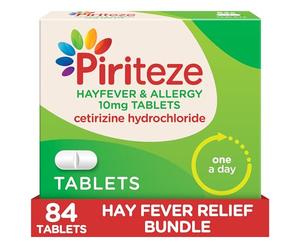 Piriteze Hayfever & Allergy Tablets, Cetirizine, 6 years+, 84 Tablets | Cetirizine hayfever tablets, once daily allergy relief for adults and children 6+ years