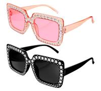 Piriuuo 2 Pcs Oversized Glasses for Women, Square Sparkling Sunglasses Thick Frame Bling Crystal Sunglasses Retro Glasses 70s Glitter Disco Glasses Disco Accessories (Black & Pink)
