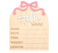 Piriuuo Wooden Baby Announcement Sign, 5.9in Hello World Baby Sign Newborn 3D Pink Bow Birth Announcement Signs for Hospital Babys Shower Photo Prop