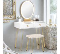 Pirlo Plush 2 Drawer Dressing Table With Mirror, LED Lights & Stool in White Pirlo Plush White