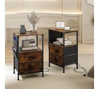 Pirlo Plush 2Pc Bedroom Bedside Tables With Charging Station Rustic Brown Industrial