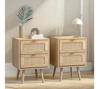 Pirlo Plush 2Pc Wooden Rattan Bedside Tables With 2 Drawers