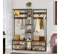 Pirlo Plush Adjustable Industrial Hall Tree Coat Rack Stand With Shoe Storage Shelves in Brown Pirlo Plush Brown