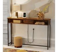 Pirlo Plush Industrial Console Table With Charging Station Rustic Brown Hallway Furniture