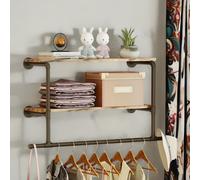 Pirlo Plush Industrial Heavy Duty Pipe Wall-Mounted Floating Shelves With Hanging Rail in Brown Pirlo Plush Brown