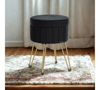 Pirlo Plush Velvet Round Ottoman Footstool With Storage in Black Pirlo Plush Black
