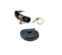 Pisces 5m Black Pond Hose with 2 Double Wire Clips (25mm Dia) Flexible Corrugated PVC Pipe Stainless Steel Ribbed Tubing Anti Kink for Water Butt