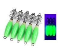 PiscoRush Luminous Squid Jig Hooks Saltwater - 5/10pcs Duo-Layer Hooks Fluorescent Cuttlefish Sleeve Octopus Lures Glow Squid Jigs Kit Hard Fishing Baits Set with Tackle Box (Green, 10pcs with box)