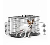 Piskyet 30 Inch Double Door Medium Dog Crate with Divider Panel and Leak- Proof Pan Tray, Folding Metal Wire Pet Kennel for Indoor,Grey