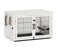 Piskyet Wooden Dog Crate Furniture with 360°Rotatable Removable Dog Bowls, Dog Crate End Table with Tray, Double Doors Dog Kennels for Dogs(XL:43.2" L*28.6" W*30.3" H, Marble White)