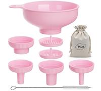 Pisol Wide Mouth Versatile Funnel, Canning Funnels for Kitchen Use, Food Grade Plastic Cooking Funnel Set with 4 Size Spouts and 2 Strainers for Filling Different Bottles and Bags, Pink