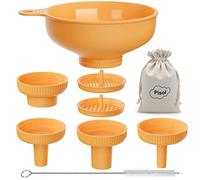 Pisol Wide Mouth Versatile Funnel, Canning Funnels for Kitchen Use, Food Grade Plastic Cooking Funnel Set with 4 Size Spouts and 2 Strainers for Filling Different Bottles and Bags, Orange